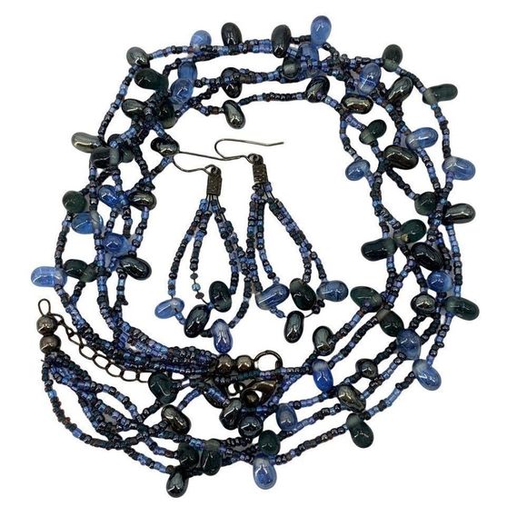 Beaded Necklace Earring Set Faux Lapis Nugget Blue Multi-strand Fashion Lot 0351 - Picture 8 of 13